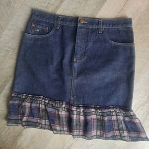 Marc Jacobs Size 10 Medium Short Mini Skirt DIY Plaid Ruffle Y2k Denim Blue Jean